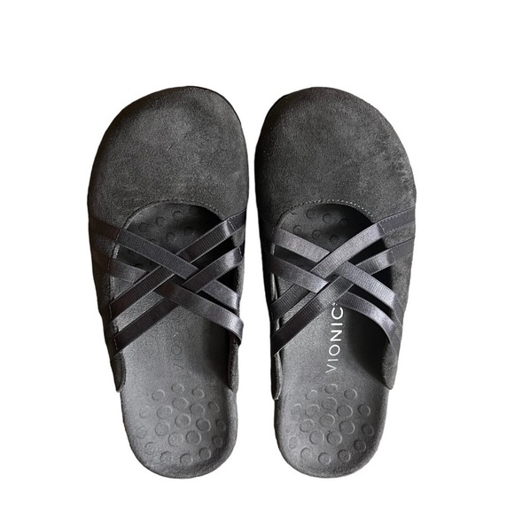 VIONIC Claire Charcoal Gray Suede Slip On Strappy Crisscross Strap Mules Size 8 - Picture 5 of 8